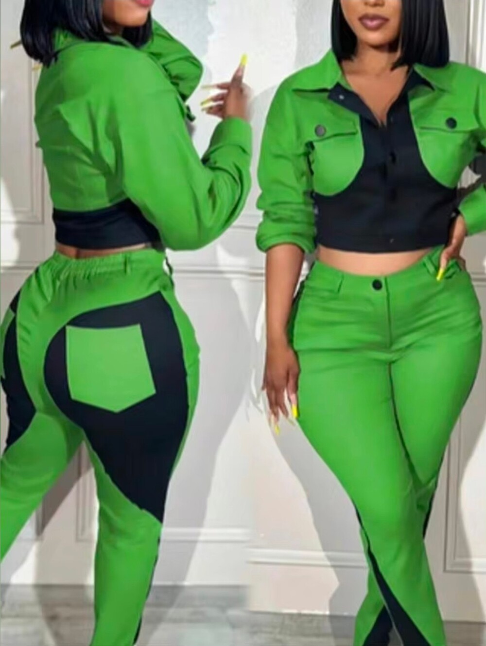 New -Women's Cropped Color-Block Green Jacket & Pants Set